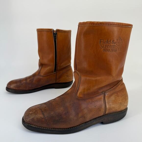Vtg Field And Stream Boots Mens 9.5 C Insulated Leather USA Made Work Zip Brown - Picture 2 of 12